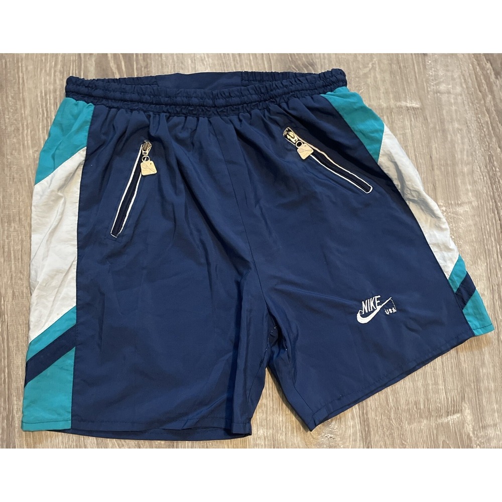 Vintage Nike Logo USA Men's Tennis Shorts 30" Elastic Waist Teal 2 Pocket Zipper